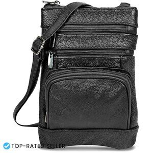 Genuine Leather Crossbody Purse Multi Pocket Adjustable Strap Vintage Chic